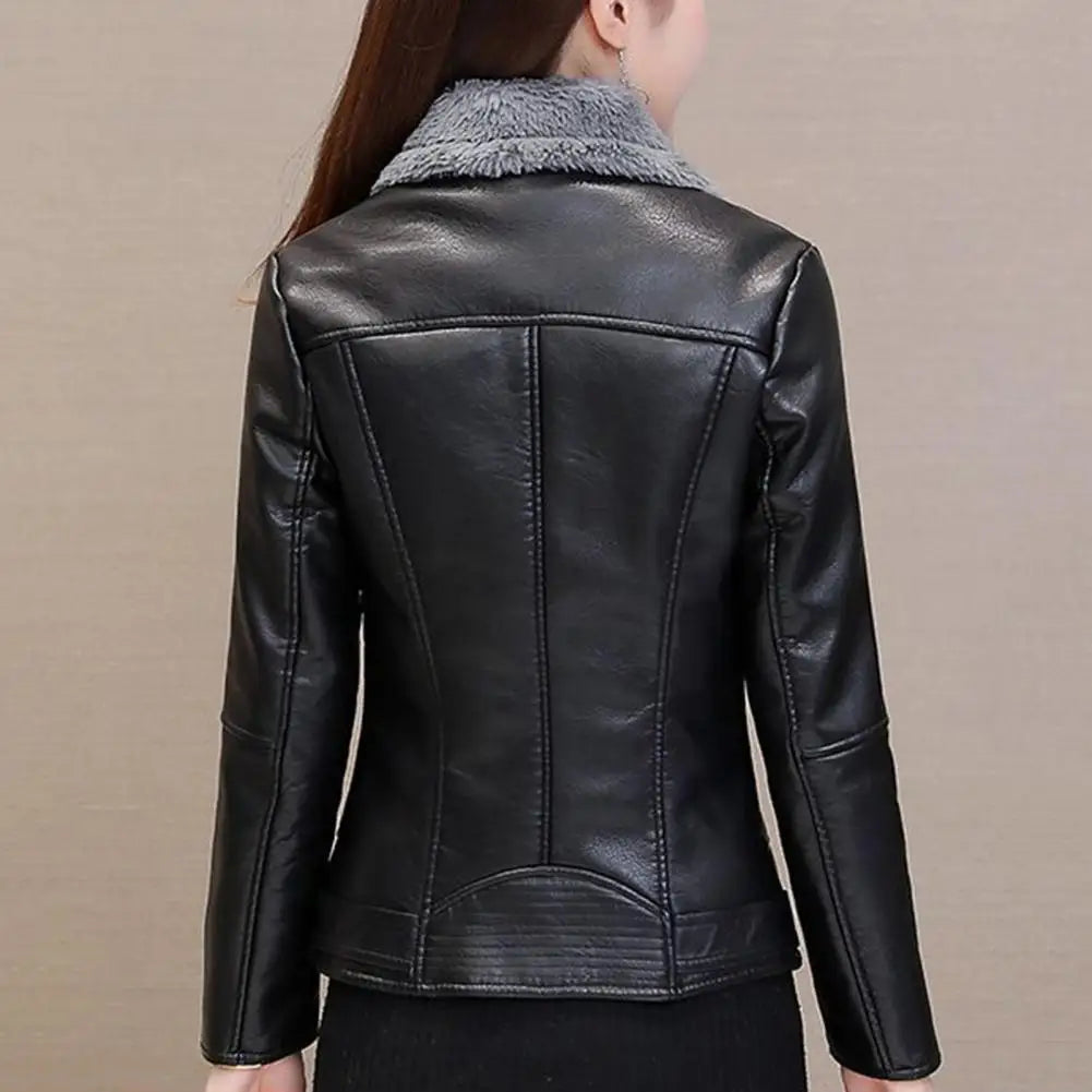 Plush Lapels Faux Faux Leather Jacket For Women Leater Jacket Spring Autumn Slim Fit Cardigan Coat Outerwear Lady Short Jacket