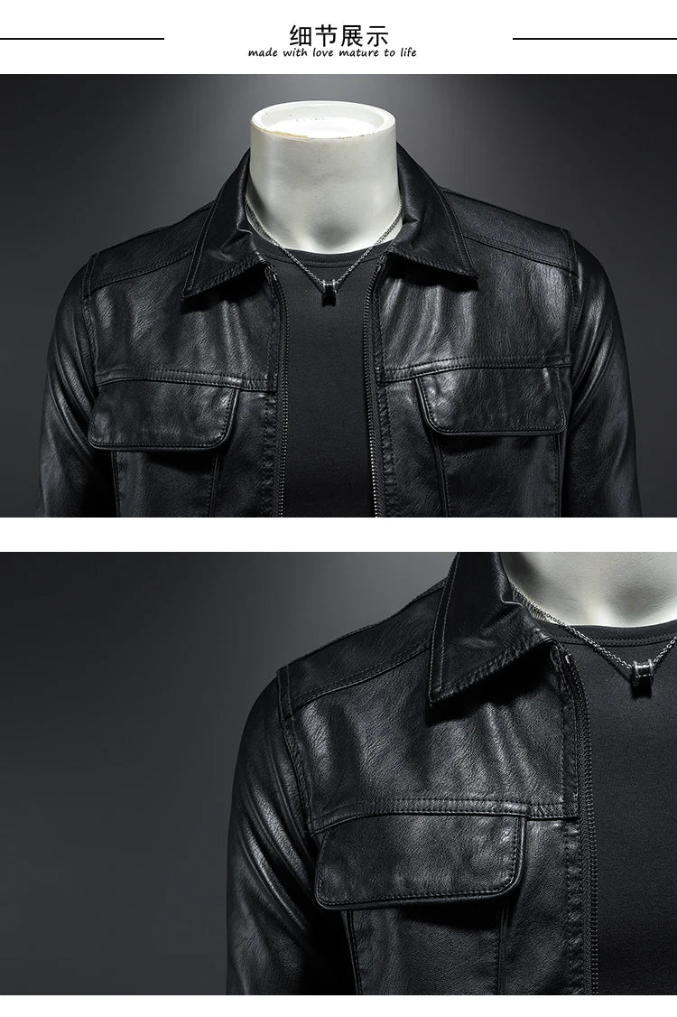 Men's Jacket Spring and Autumn Handsome Solid Color Collar Motorcycle Leather Coat Slim Fashion Leather Jacket M-5XL