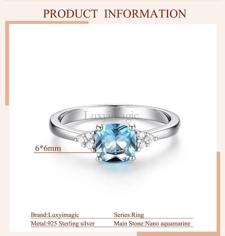 Luxyimagic Nano Aquamarine Rings for Women Silver 925 Jewelry Gemstones Birthstone Wedding Engagement Anniversary Gift for Her