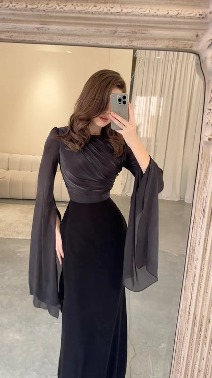 2024 New Women Fashionable Elegant Round Neck Bat Sleeve Waist Strap Dress Sexy Slimming Glass Yarn Large Skirt Satin Long Dress