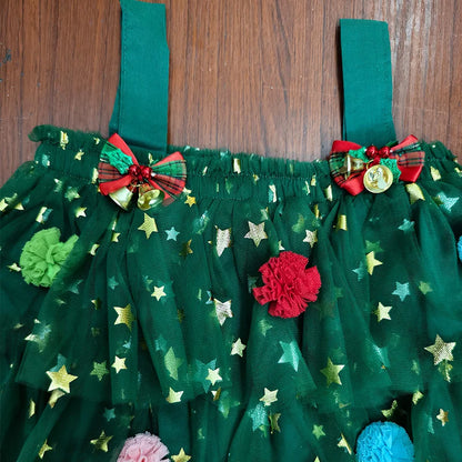 Christmas Costume Kids Girls Green Dress Sleeveless Stars Sequin Layered Tulle Dress Plush Ball Hat Baby Cake Xmas Tree Clothes