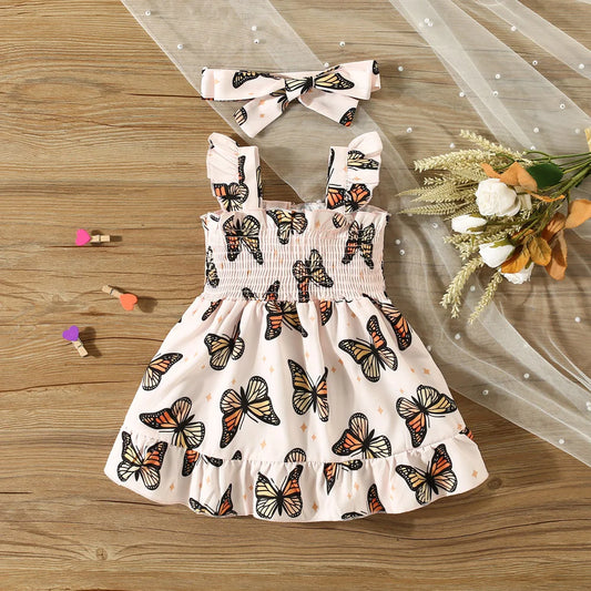 Summer Butterfly Print Small Flying Sleeve Cotton Baby Girl Dress Cute Girl Princess Dress