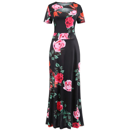 Robe Women's Casual Flower Summer Vestido Short-Sleeved Round Neck Floral Robe Mulheres Maxi Dress 2023 Elegant Kleid