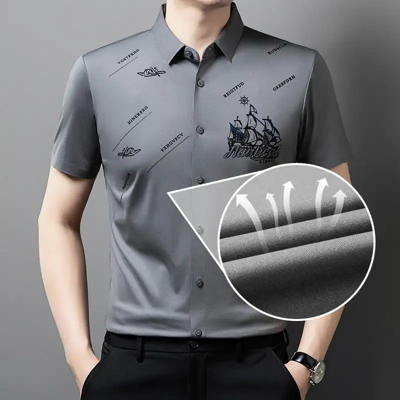 Men's Business Short Sleeves Button Down Shirt Printed High Elastic And Non Ironing Shirt High Level Business Casual Shirt