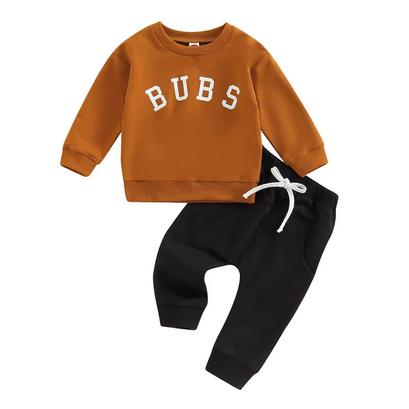 Newborn Baby Boy Pant Sets Autumn Clothes Letter Round Neck Long Sleeve Tops and Tie-Up Long Pants Baby Items Clothing Infant