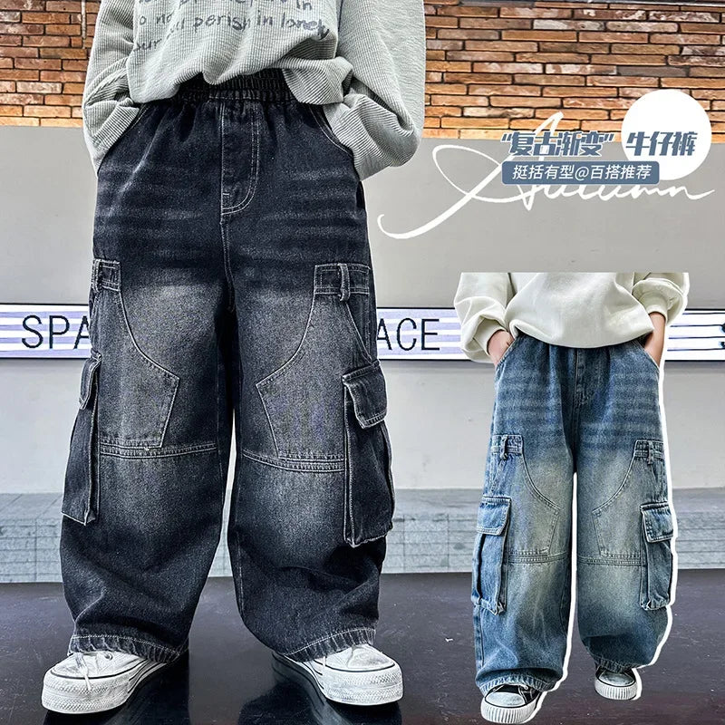 Boys Retro Jeans Spring Autumn New Teenager Children Fried Street Handsome Straight Loose Wide-leg Pants Kids Cargo Denim Jeans