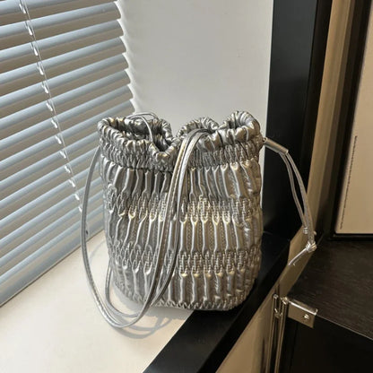 Silver Pleated Drawstring Shoulder Bucket Bags Women Designer Soft PU Leather Small Handbags Female Casual Purse Underarm Bag