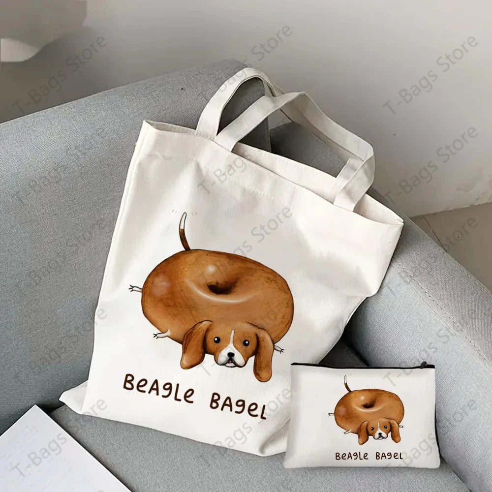 2pcs/set Beagle Bagel Dog Cute Print Tote Bag, Large Capacity Shoulder Bag, Women's Casual Handbag for Work School Shopping