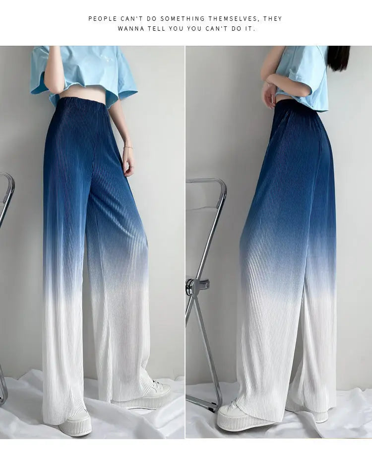 2022 Summer New Gradient Color Ice Silk Wide Leg Pants High Waist Thin Loose Straight Casual Trousers Comfortable Women Clothing