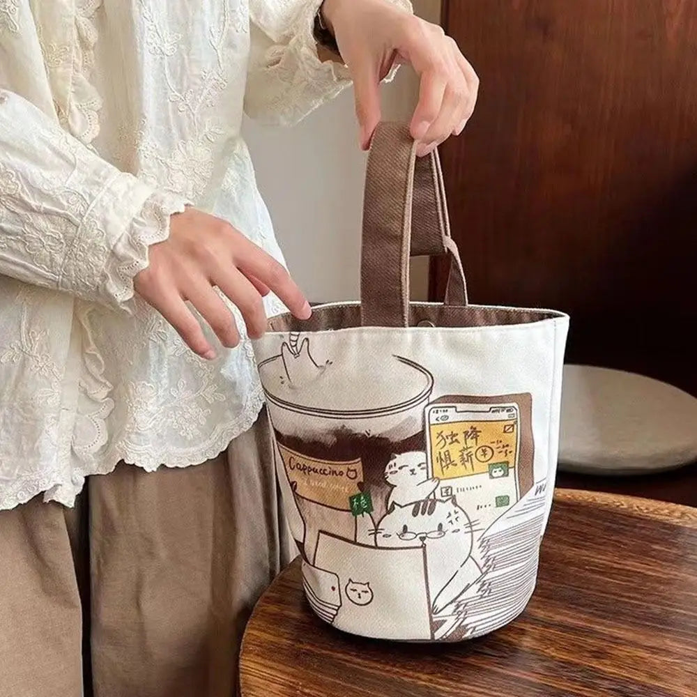 Cartoon Canvas Coffee Cat Bucket Bag Korean Style Handbag Outing Shopping Bag Women Sweet Cute Handbag