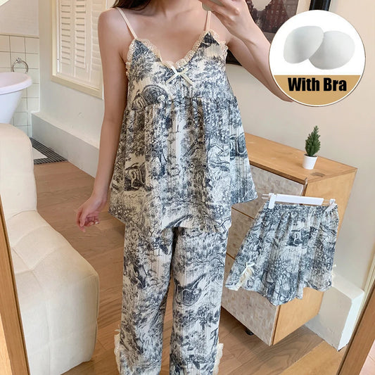 3PCS/Set Women Summer V-neck Pajamas Suspender Sleeveless Shorts Pants Ladies Vintage Fragmentary Homewear Breathable Clothes