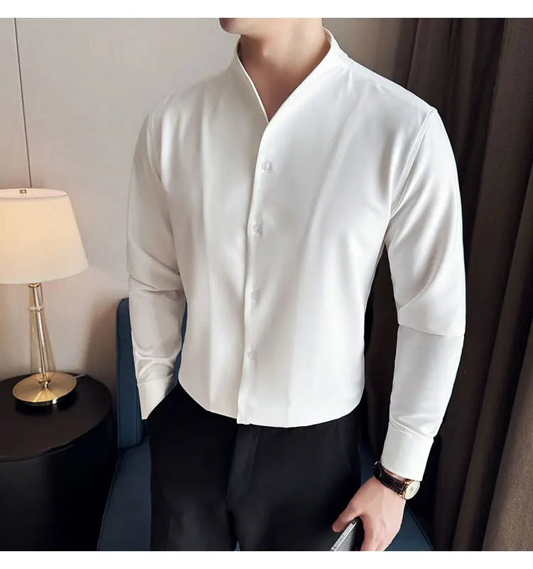 Brand Clothing Men's High Quality V-neck Long Sleeve Shirts Male Slim Fit Fashion Solid Color Office Dress Shirt 4XL-M