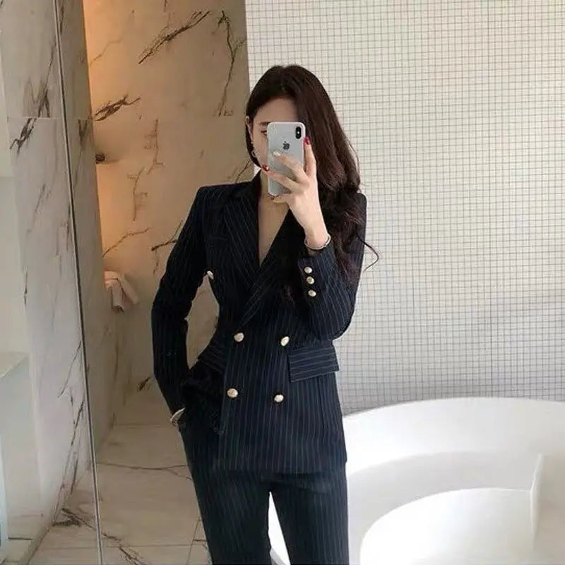 Women's Graceful Casual Blazer Long Pants 2 Piece Set Korean Elegant Stripe Button Coat High Waist Trousers Outfit Work Jacket