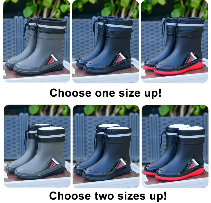 New Fashion Rain Boots for Men Mid-calf Non-slip Waterproof Rain Boots Car Washing Fishing Leisure Work Rubber Shoes with Cotton