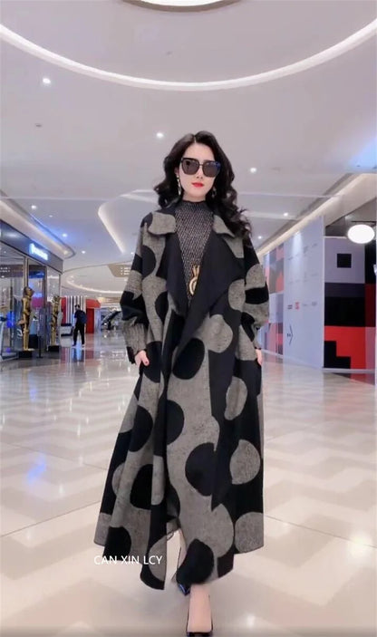 Polka Dot windbreaker For Women Long Windbreaker Loose Large Size L-5XL Overcoat Middle aged Female Wool Trench Coat Outcoat