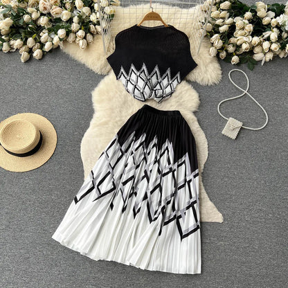 New Summer Runway Pleats Floral Print Two Piece Set Women Half High Collar Stretch Top+Elastic Waist Long Pleated Skirt Outfits