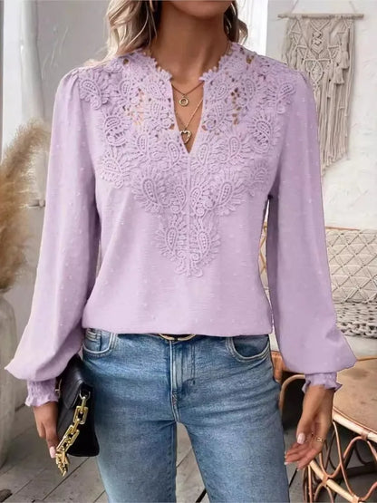 Women's Clothing 2024 Autumn Sexy V-neck Fashionable Lace Patchwork Polyester Solid Color Shirt Long Sleeved Shirt