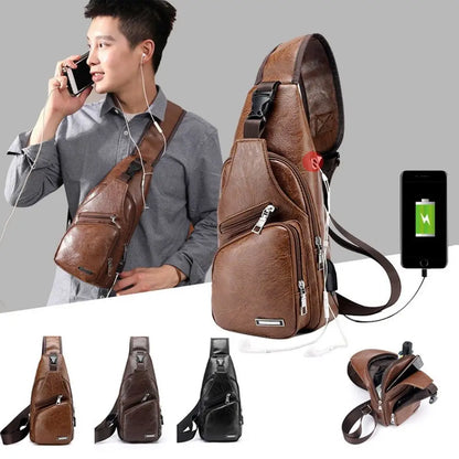 USB data cable charging chest bag casual fashion shoulder bag PU outdoor sports men's bag