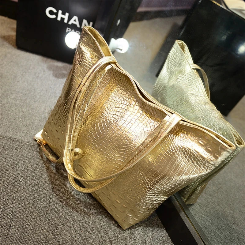 Fashion Casual Women Shoulder Bags Silver Gold Black Crocodile Handbag PU Leather Female Big Tote Bag Ladies Hand Bags Sac