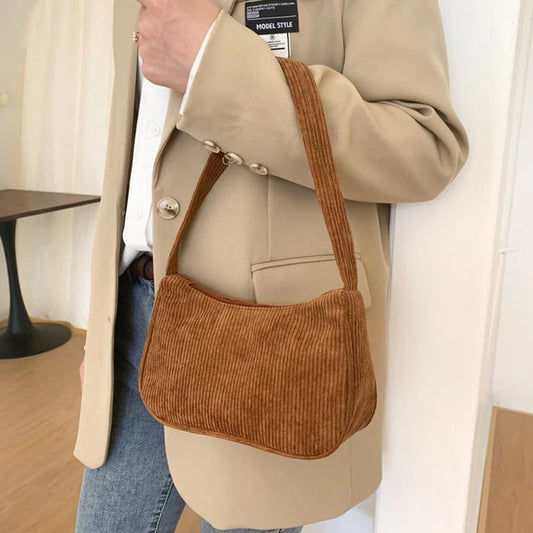 Retro Underarm Bag Women's Half Moon Shoulder Bag Fashion Solid Color Small Handbags For Women New Zipper Corduroy Clutch