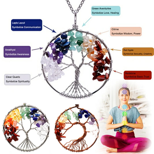 Natural Crystal Stone Tree of Life Pendant Necklace 7 Chakra Quartz Amethyst Necklace Pendant Wedding Jewelry for Women