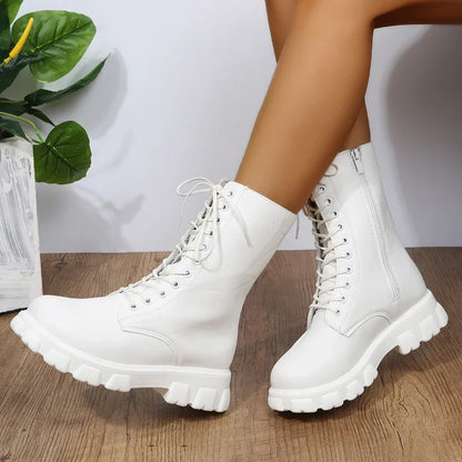 2024 Boots Women  Autumn Winter PU Leather White Ankle Boots Motorcycle Botines Female Chunky Heels Platform Boots Botas Mujer