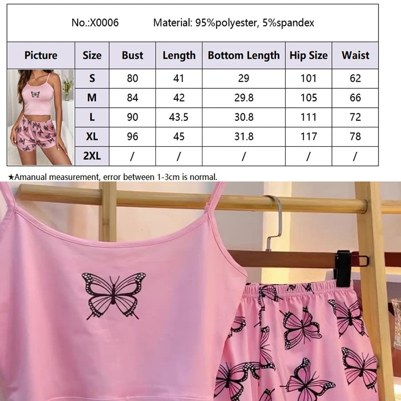 Two-Piece Set Camisole Tops Shorts Loungewear Women Pajamas Soft Print Butterfly Sweet Wind Suspenders Sleepwear Outside Sexy