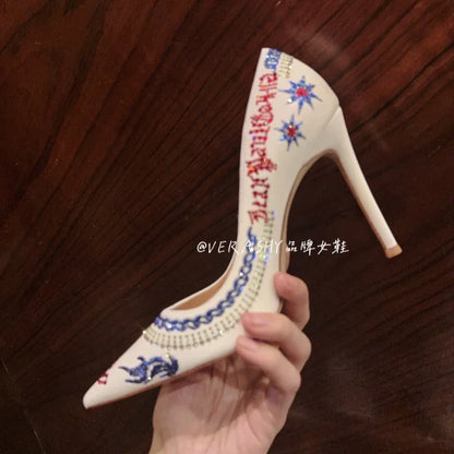 Spring and autumn new pointed shallow rhinestone embroidered single shoes thin high-heeled banquet dress small size women's shoe