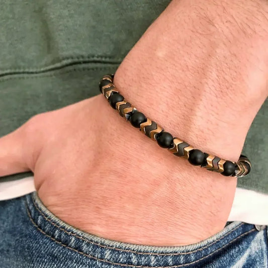 Men's Black Onyx Round Bead & Arrow Stone Bead Yoga Bracelet