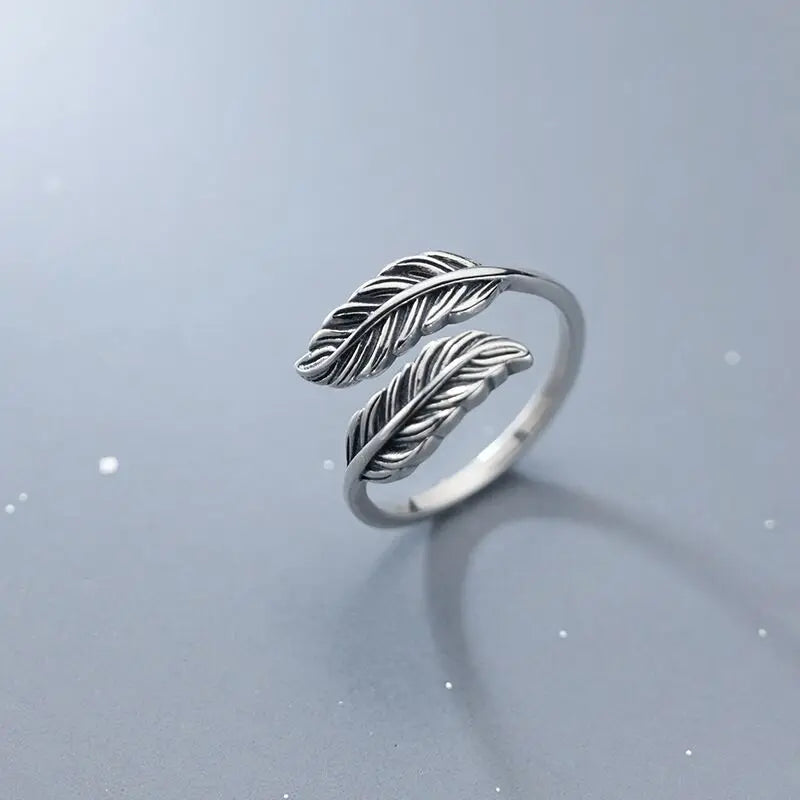 925 Sterling Silver Feather Adjustable Rings For Women Vintage Wedding Luxury Quality Jewelry Accessories With