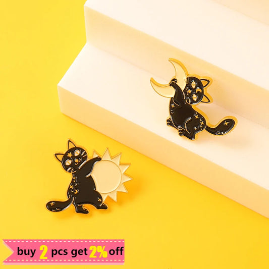 Black Cat Enamel Pin Custom Animal Star Moon Brooches Lapel Badge Bag Cartoon Reading Jewelry Gift for Friends Custom Wholesale