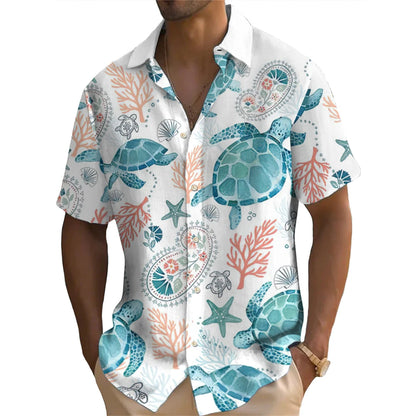 Summer Fashion Retro Ocean Animals Turtle Print Men's Short Sleeve Shirt Street Casual Daily Oversized Men Shirts Oversized Tops