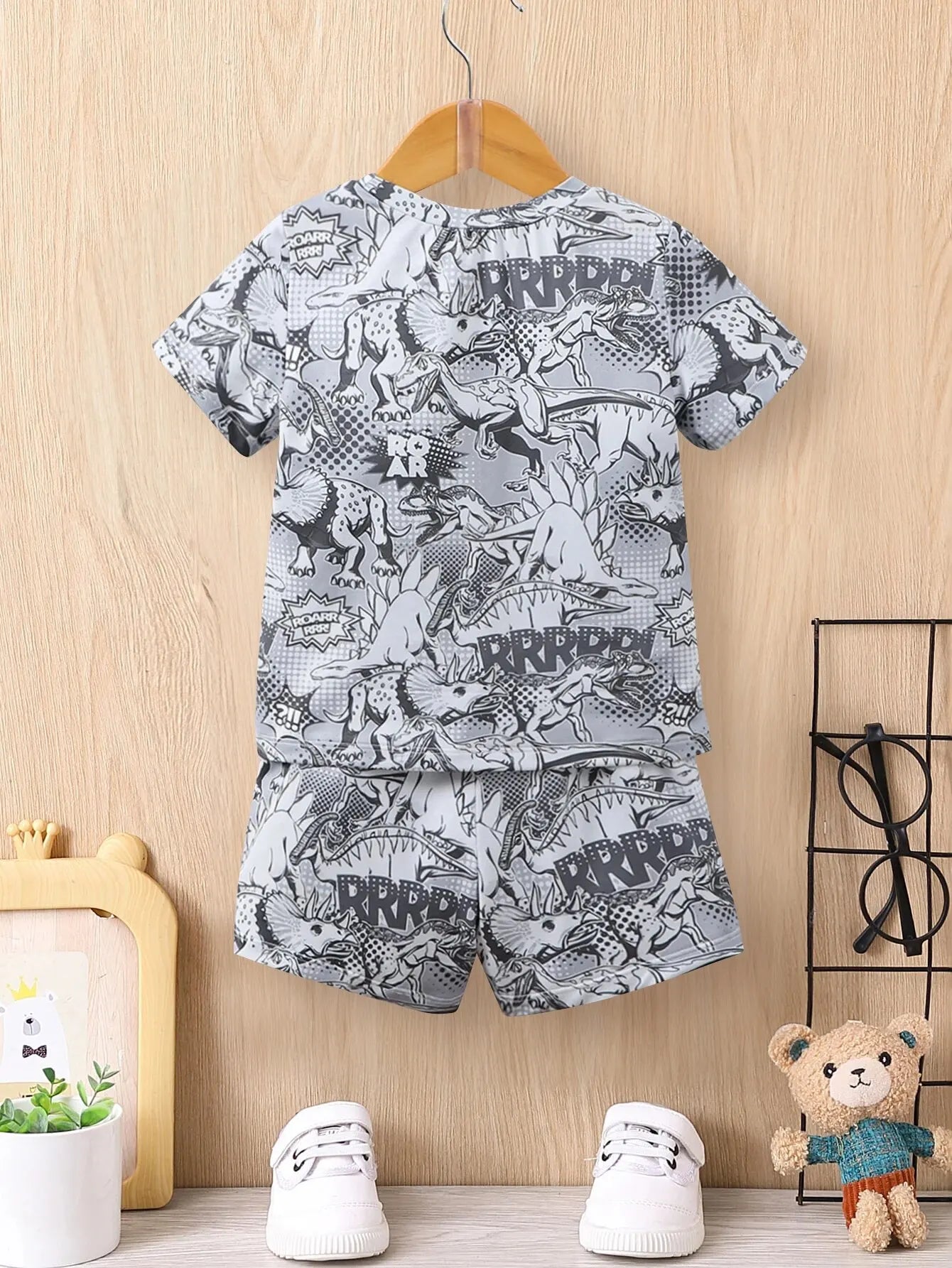 Summer Boys' Suit T-Shirt Tops Shorts Dinosaur Print Casual Fashion Children's Clothing 4-7y