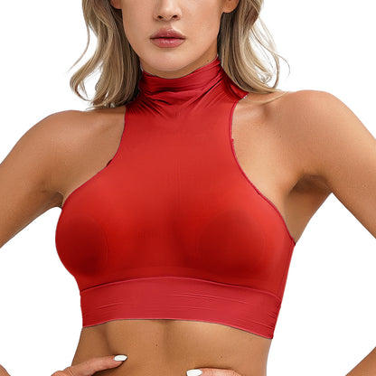 Womens Glossy Crop Tops Mock Neck Sleeveless Sheer See-Through Slim Fit Vest Tops for Swimwear Pool Party Clubwear Nightwear