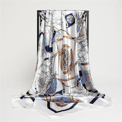 Luxury Large Nautical Print Square Scarf Thin Breathable Silky Neck Scarf Glamorous Style Sunscreen Headscarf