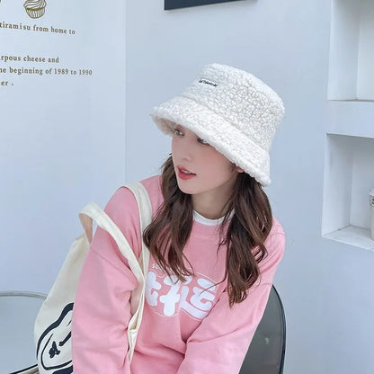 Winter Girl Boy Bucket Hat Cute Lamb Wool Letter Kids Fisherman Hat Solid Flat Top Hats Children Outdoor Thick Warm Sun Cap