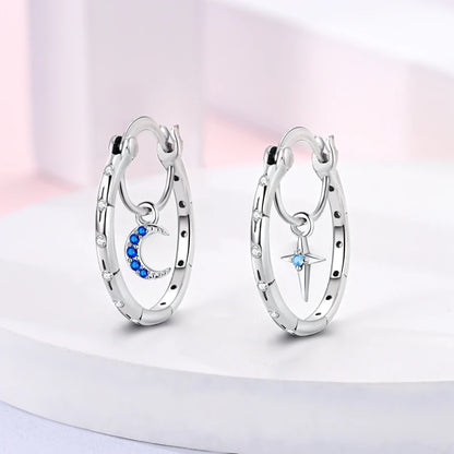 Fashionable 925 Sterling Silver Asymmetric Star Moon Earrings On The Inner Side Women's Anniversary Party Jewelry Accessories