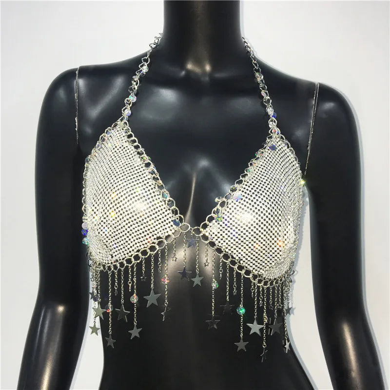 Glitter Rhinestone Star Tassel Tank Top For Women Sexy Backless V Neck Halter Camisole Rave Festival Party Club Crop Tops