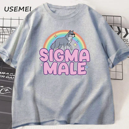 Sigma Male Lone Wolf T Shirt Funny Weird Rainbow Wolf Graphic Tee Men Women Casual Trendy Loose T-shirt Men's Clothing