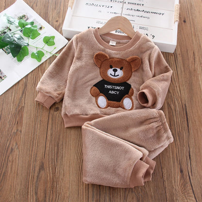 Bear Leader Girls Sets Winter Flannel Homewear Set Long-sleeved Bear Patch Cloth Hoodie Pants Autumn and Winter Warm Boy 2pc Set