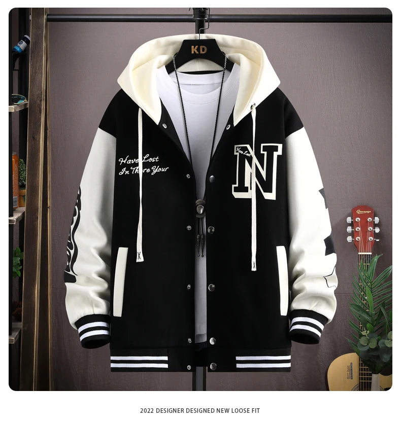 2023 Trendy Hip Hop Hooded Baseball Uniform Unisex Lightweight Sportswear Jacket Men's Bomber Jackets Autumn Coat Letter Printed