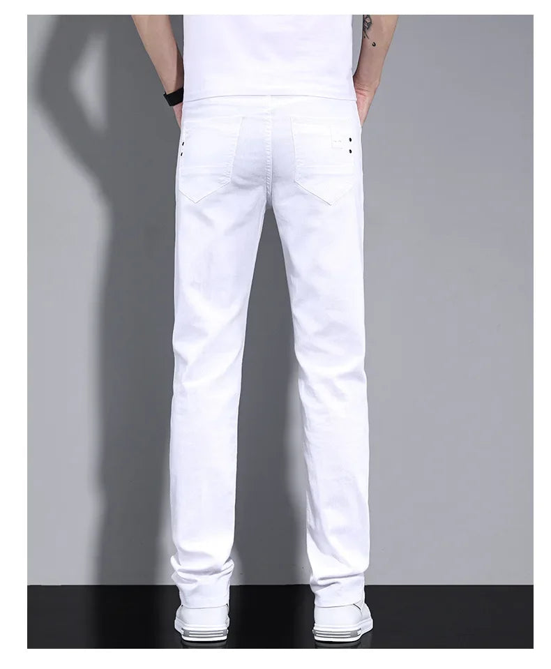 2024 New Men's Pure White Slim Casual Pants Brand Clothing Stretch Straight Gentleman's Suit Long Trousers Classic Style Male