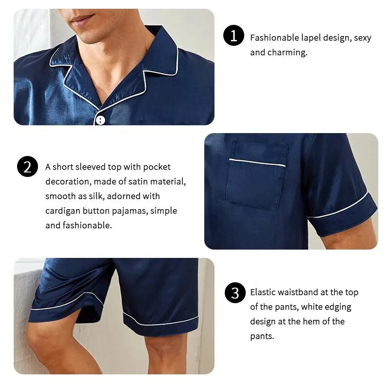 New Men's Satin Pajama Set For Summer Casual Pijama Button Down Pocket Short Sleeve Shirt With Shorts Loungewear Sleepwear Set