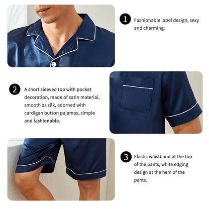 New Men's Satin Pajama Set For Summer Casual Pijama Button Down Pocket Short Sleeve Shirt With Shorts Loungewear Sleepwear Set