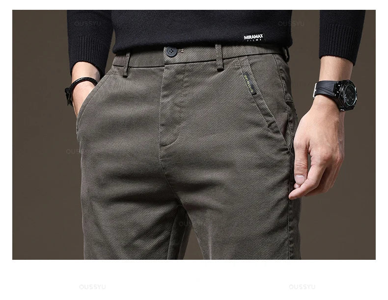 Brand Clothing Winter Fleece Warm Casual Pants Men Cotton Elastic Waist Brown Grey Twill Work Slim Flocking Cargo Trousers Male