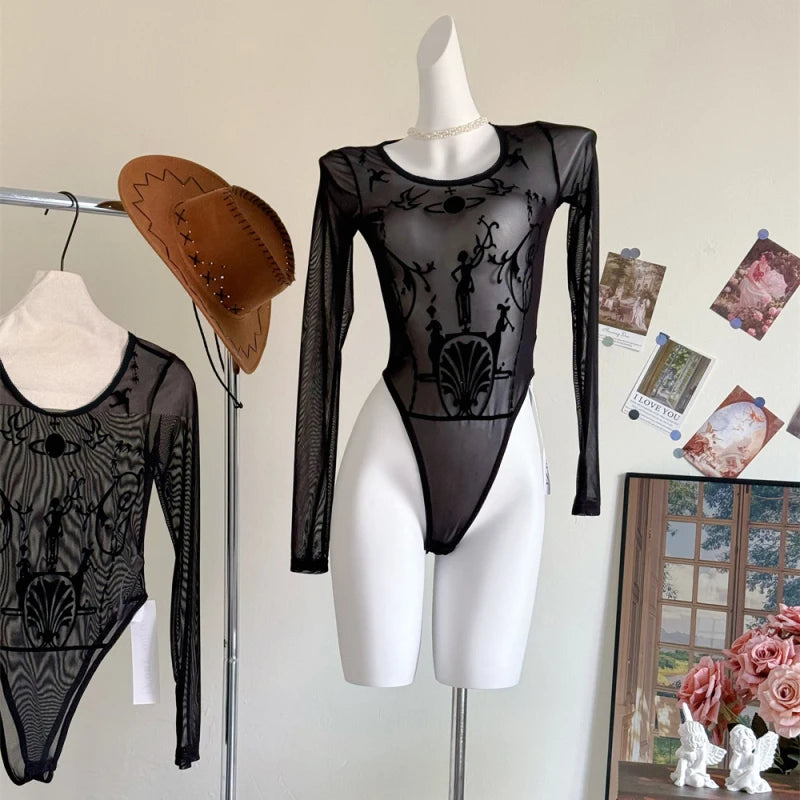 2024 Long Sleeve Black Mesh See Through Sexy Bodycon Bodysuit Spring Summer Women New Outfit Gothic Punk Bodysuits Y2k Clothing