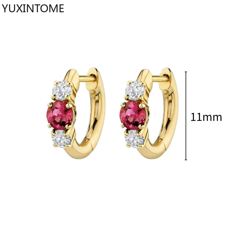 925 Silver Ear Needle Rose Red Hoop Earrings For Women Exquisite Water Drop/Flower/Heart Crystal Piercing Huggie Earring Jewelry