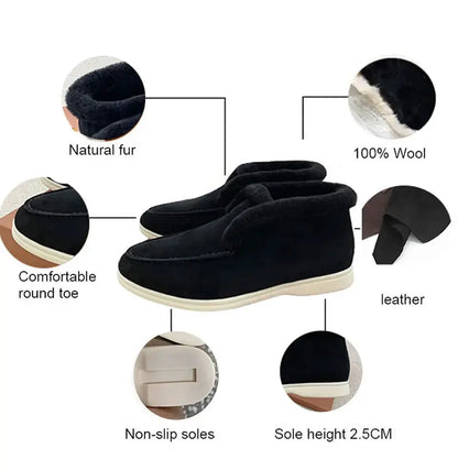 Women's Ankle Boots Black Boots Cow Suede Natural Fur Winter Boots Loafers Women's Slip-On Snow Boots