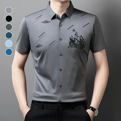 Men's Business Short Sleeves Button Down Shirt Printed High Elastic And Non Ironing Shirt High Level Business Casual Shirt