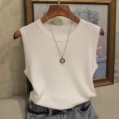 Summer Sleeveless Knitted Blouse Women Pullover O-Neck White Knit Blouse Shirt Women Tops Blusas Mujer De Moda 2024 Verano C853